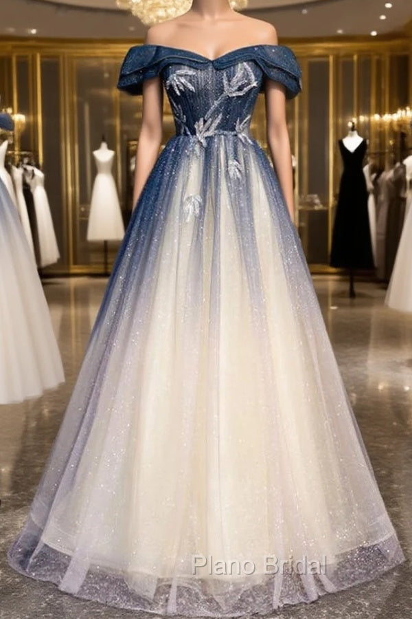 Blue Tulle Off the Shoulder Beading Pleats Formal Prom Dresses Main image