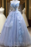 Blue Tulle Off the Shoulder Butterfly Formal Prom Dresses