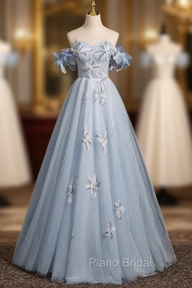 Blue Tulle Off the Shoulder Flower Pearls Formal Prom Dresses