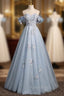 Blue Tulle Off the Shoulder Flower Pearls Formal Prom Dresses