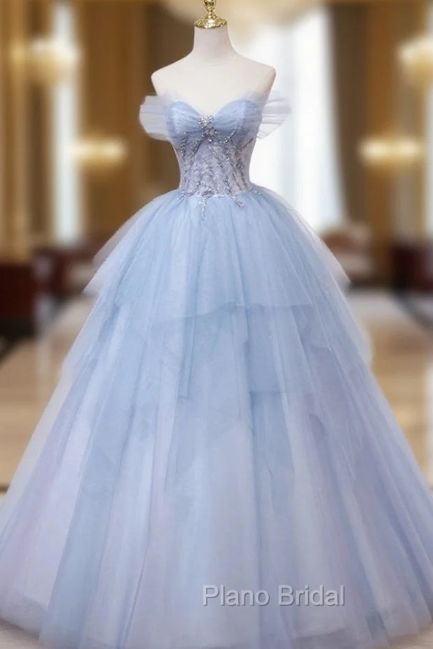 Blue Tulle Off the Shoulder Lace Beading Formal Prom Dresses