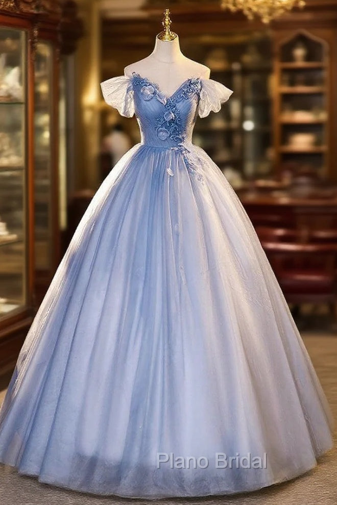Blue Tulle Off the Shoulder Pleats Appliques Quinceanera Dresses Main image