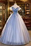 Blue Tulle Off the Shoulder Pleats Appliques Quinceanera Dresses