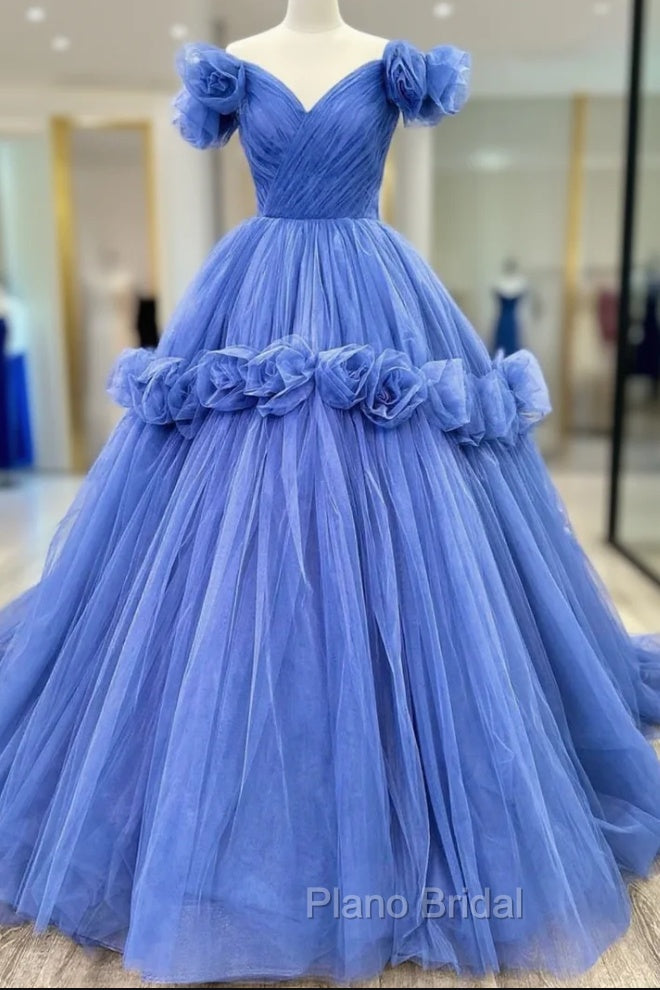 Blue Tulle Off the Shoulder Pleats Flower Formal Prom Dresses Main image