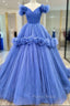 Blue Tulle Off the Shoulder Pleats Flower Formal Prom Dresses