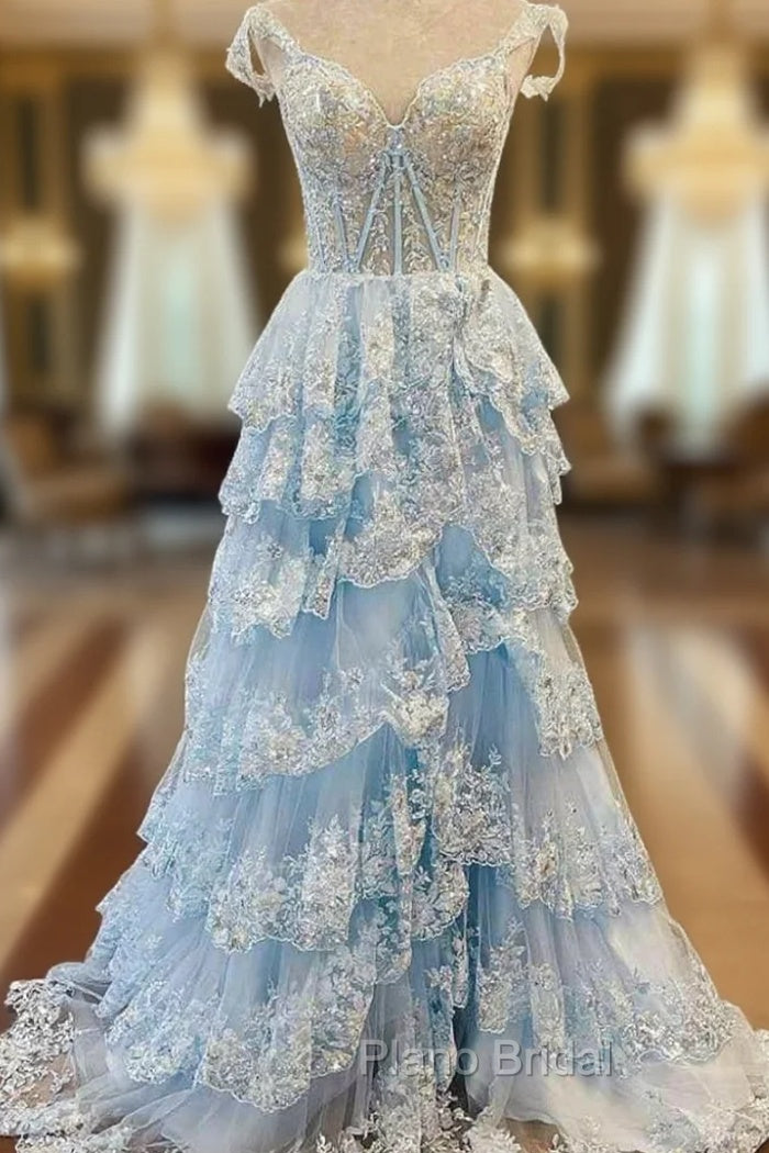 Blue Tulle Off the Shoulder Sequins Appliques Formal Prom Dresses Main image