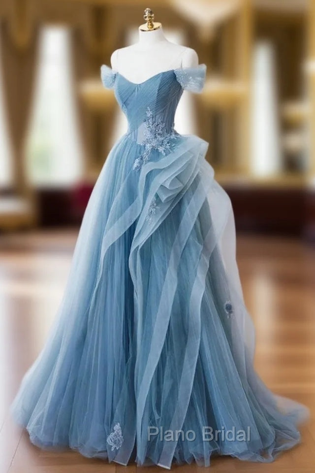 Blue Tulle Off the Shoulder Tulle Appliques Formal Prom Dresses