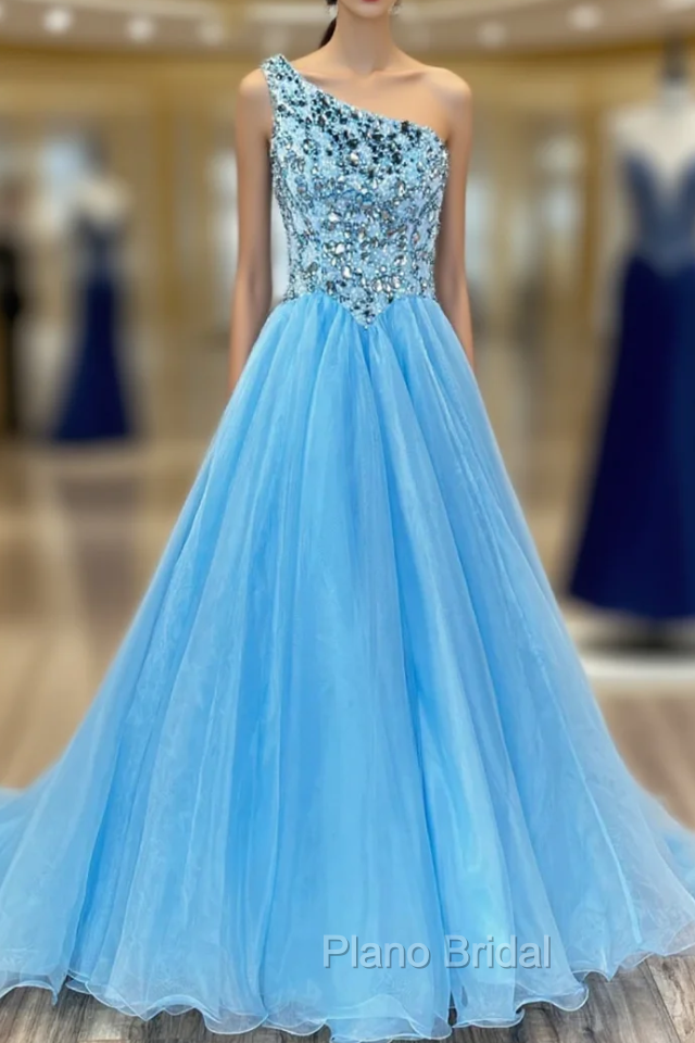 Blue Tulle One Shoulder Sequins Crystal Formal Prom Dresses Main image