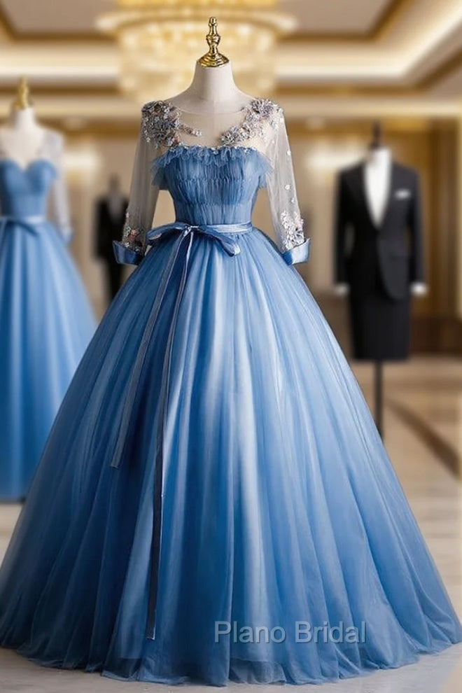 Blue Tulle Pleats Appliques Long Sleeve Quinceanera Dresses Main image