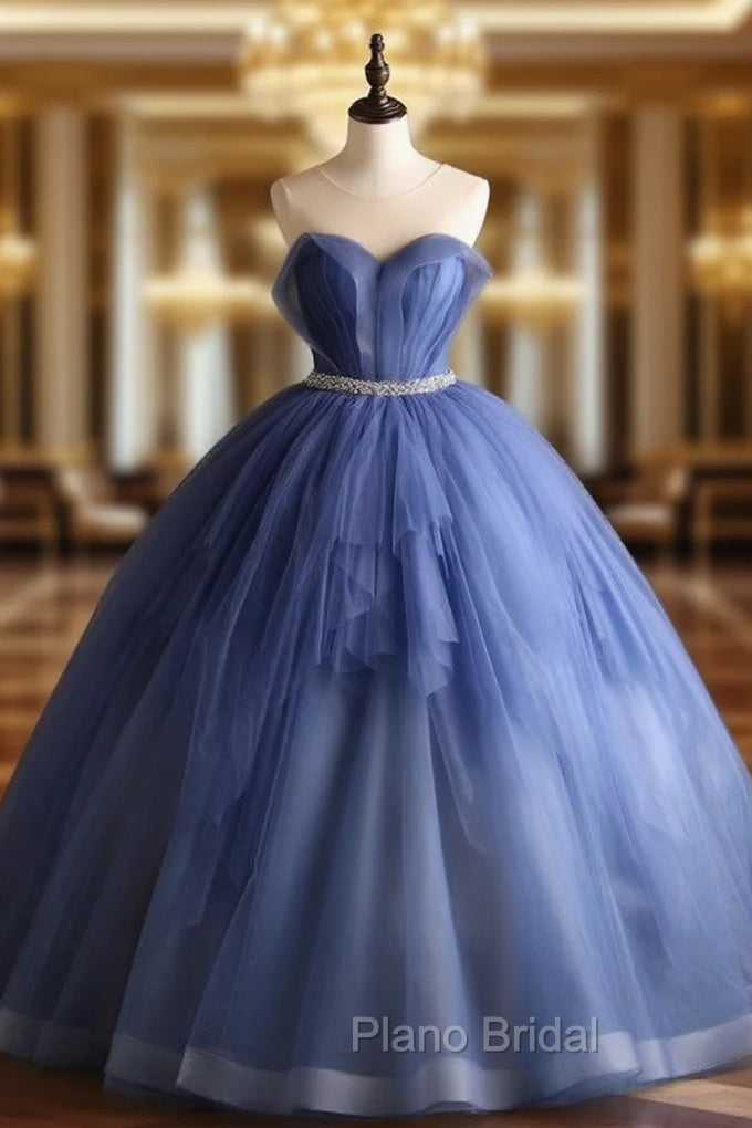 Blue Tulle Pleats Backless Beading Quinceanera Dresses Main image