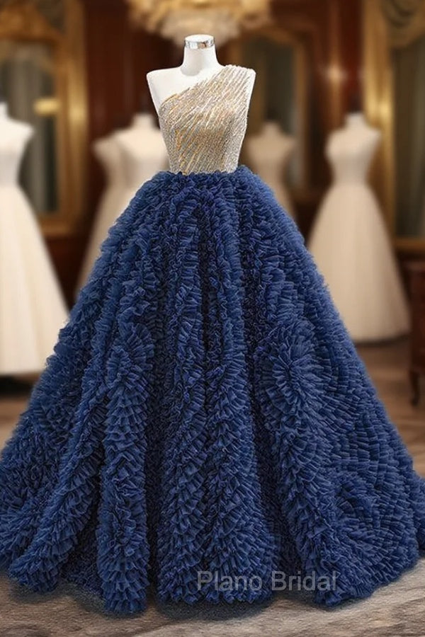 Blue Tulle Pleats One Shoulder Beading Formal Prom Dresses Main image