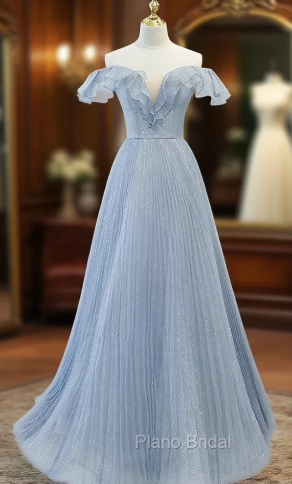 Blue Tulle Pleats Sequins Off the Shoulder Formal Prom Dresses