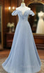 Blue Tulle Pleats Sequins Off the Shoulder Formal Prom Dresses