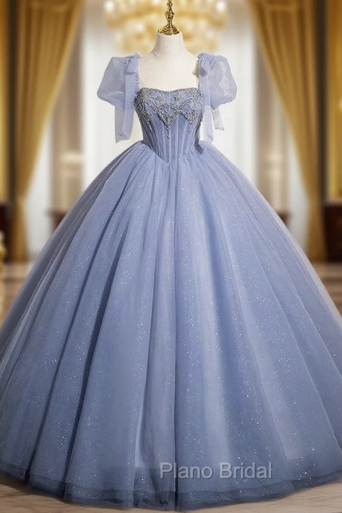 Blue Tulle Puff Sleeve Beading Princess Quinceanera Dresses Main image