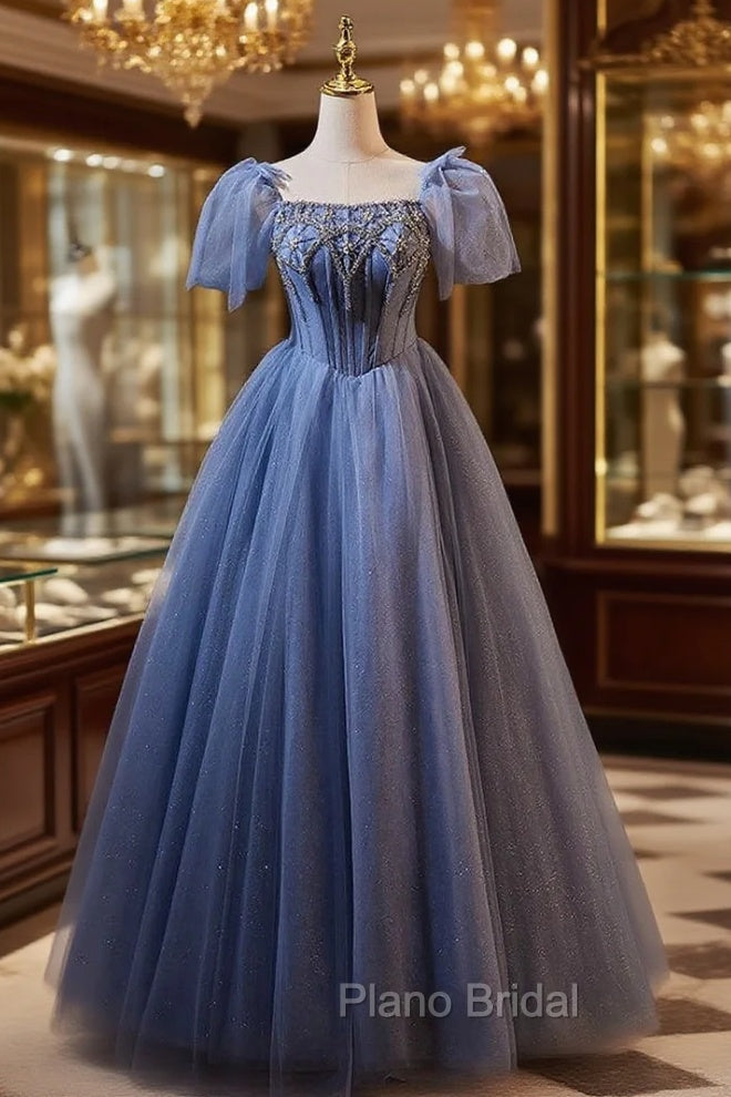 Blue Tulle Puff Sleeve Beading Formal Prom Dresses Main image
