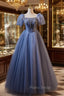 Blue Tulle Puff Sleeve Beading Formal Prom Dresses