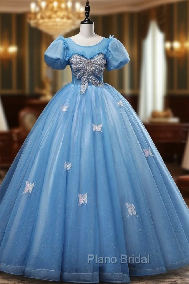 Blue Tulle Puff Sleeve Beading Quinceanera Dresses Main image