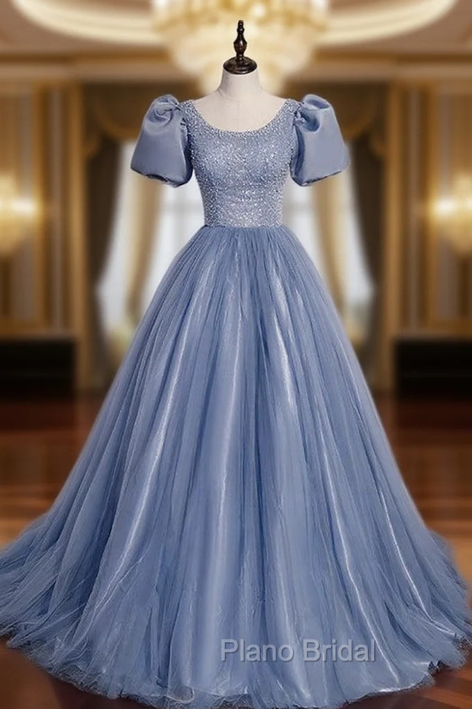 Blue Tulle Puff Sleeve Pearls Formal Prom Dresses