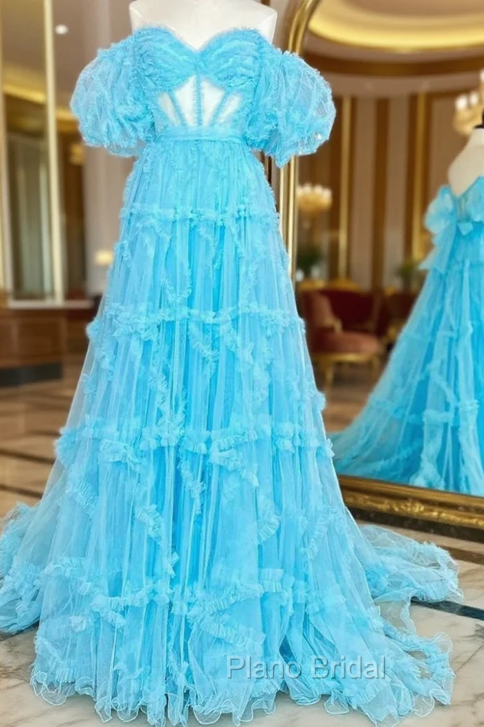 Blue Tulle Puff Sleeve Formal Prom Dresses Main image