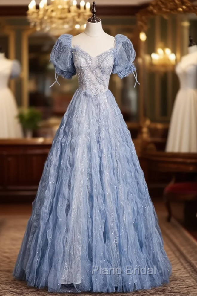 Blue Tulle Puff Sleeve Sequins Beading Formal Prom Dresses Main image