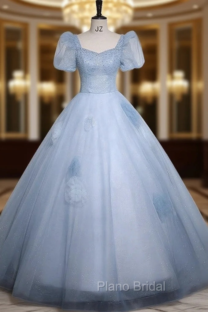 Blue Tulle Puff Sleeve Sequins Beading Quinceanera Dresses Main image