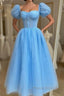 Blue Tulle Puffy Sleeve Midi Dresses