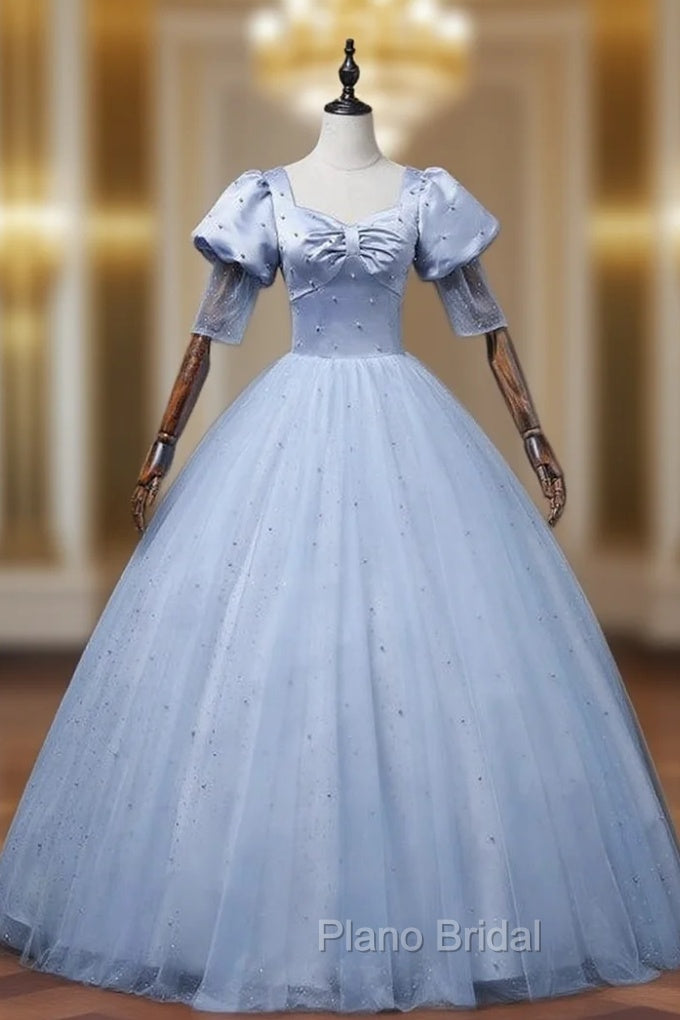 Blue Tulle Satin Square Puff Sleeve Pearl Quinceanera Dresses