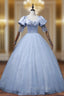 Blue Tulle Satin Square Puff Sleeve Pearl Quinceanera Dresses