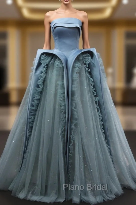 Blue Tulle Satin Strapless Formal Prom Dresses Main image