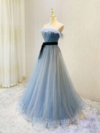 Blue Tulle Sequin Long Formal Prom Dresses A Line Tulle Blue Formal Dresses
