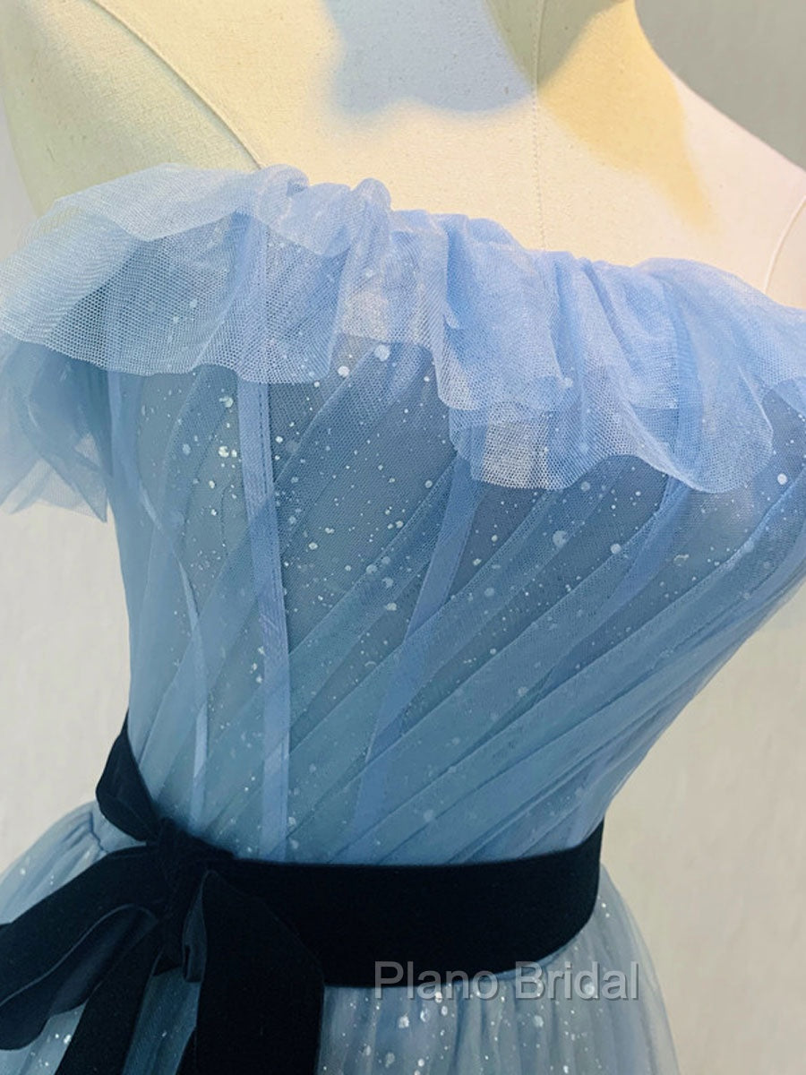 Blue Tulle Sequin Long Formal Prom Dresses A Line Tulle Blue Formal Dresses