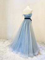 Blue Tulle Sequin Long Formal Prom Dresses A Line Tulle Blue Formal Dresses
