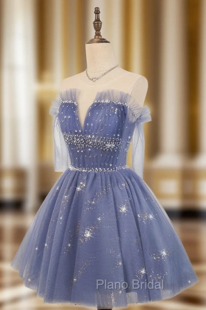 Blue Tulle Sequin Short Formal Prom Dresses, Puffy Blue Homecoming Dresses Main image