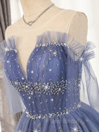 Blue Tulle Sequin Short Formal Prom Dresses, Puffy Blue Homecoming Dresses