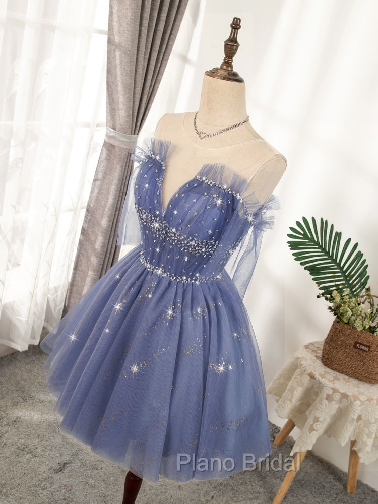 Blue Tulle Sequin Short Formal Prom Dresses, Puffy Blue Homecoming Dresses