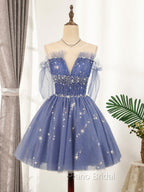 Blue Tulle Sequin Short Formal Prom Dresses, Puffy Blue Homecoming Dresses