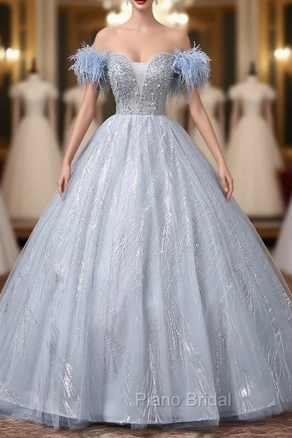 Blue Tulle Sequins Beading Feather Quinceanera Dresses Main image