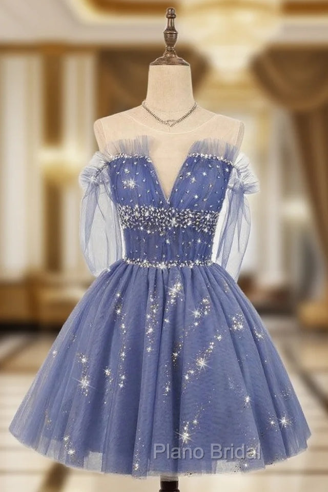 Blue Tulle Sequins Beading Homecoming Dresses