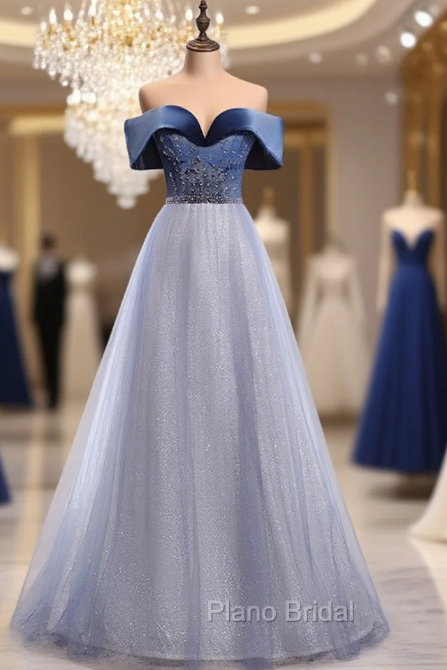 Blue Tulle Sequins Beading Off the Shoulder Formal Prom Dresses Main image