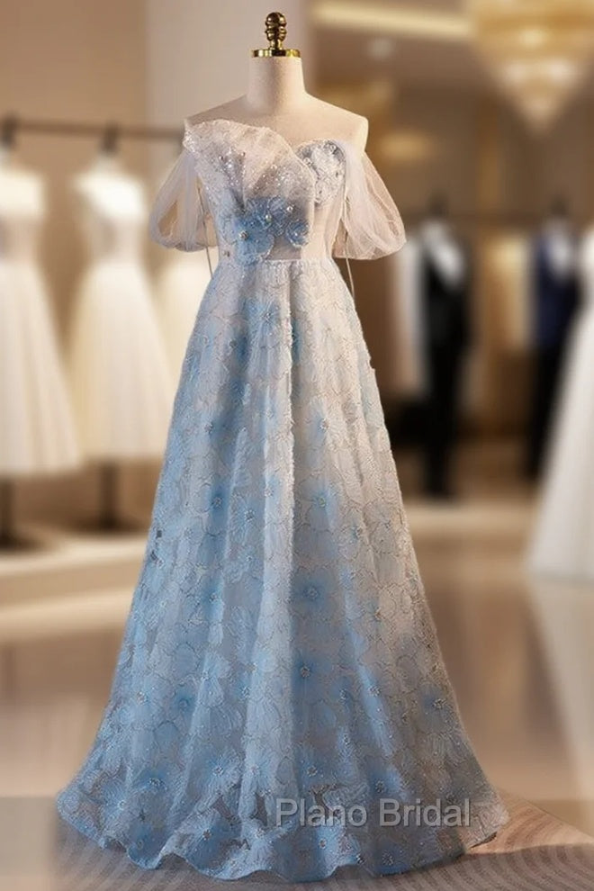 Blue Tulle Sequins Beading Formal Prom Dresses Main image