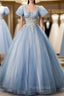 Blue Tulle Sequins Beading Puff Sleeve Quinceanera Dresses