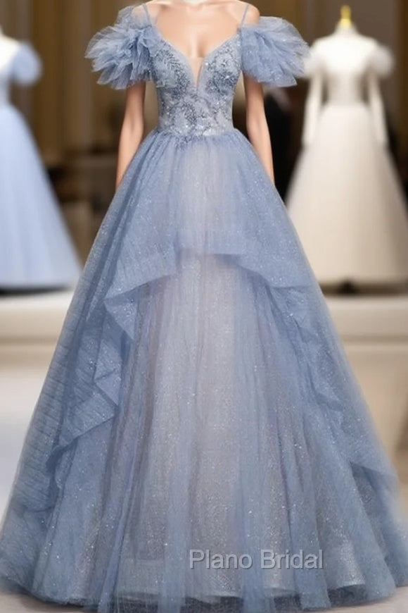 Blue Tulle Sequins Beading Spaghetti Straps Formal Prom Dresses