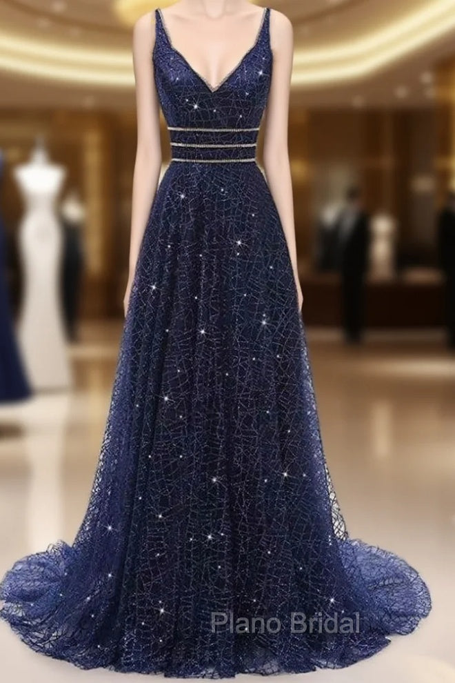 Blue Tulle Sequins Bling Bling V-neck Long Formal Prom Party Dresses