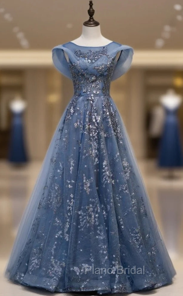 Blue Tulle Sequins Cap Sleeve Scoop Formal Prom Dresses