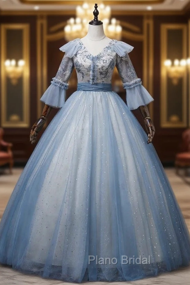 Blue Tulle Sequins Embroidery Short Sleeve Quinceanera Dresses Main image