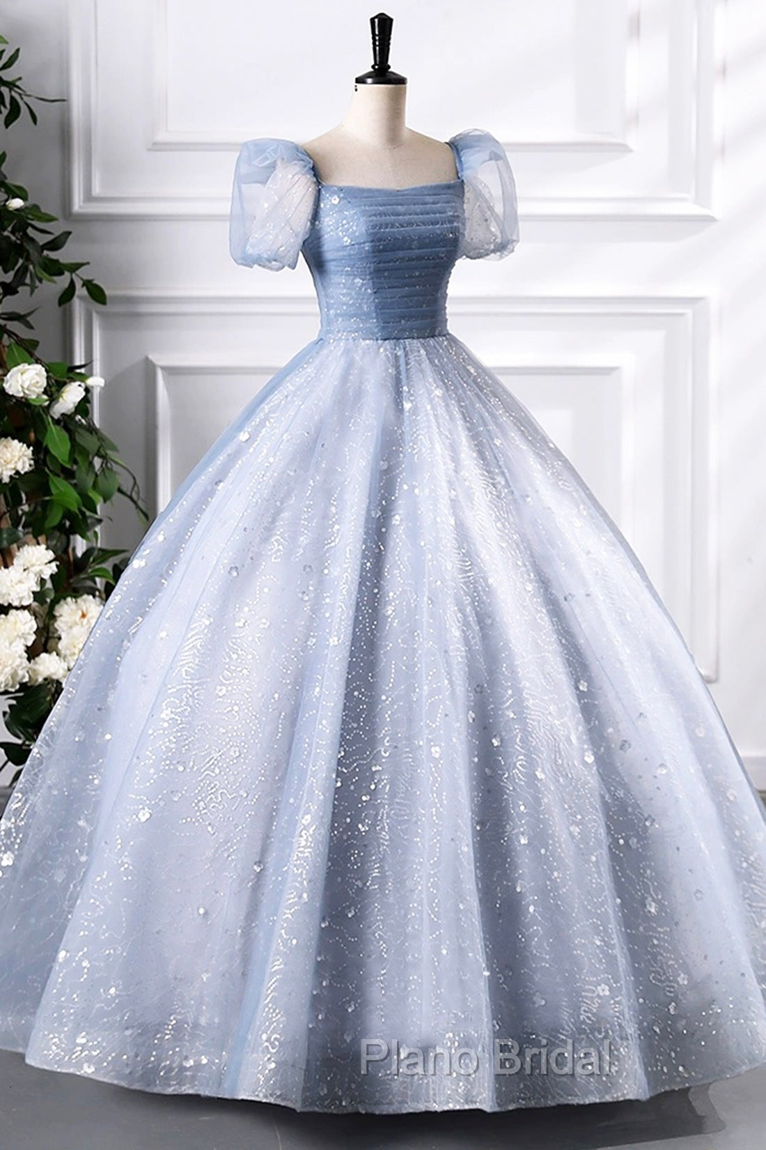 Blue Tulle Sequins Floor Length Formal Prom Dresses, Elegant Short Sleeve Evening Party Dresses Secondary image