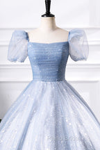 Blue Tulle Sequins Floor Length Formal Prom Dresses, Elegant Short Sleeve Evening Party Dresses