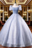 Blue Tulle Sequins Floor Length Formal Prom Dresses, Elegant Short Sleeve Evening Party Dresses