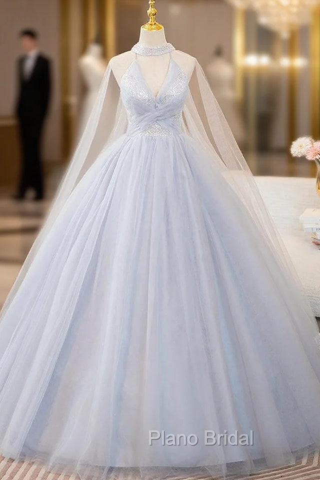 Blue Tulle Sequins Halter Quinceanera Dresses Main image