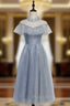 Blue Tulle Sequins High Neck Cap Sleeve Tea Length Formal Prom Dresses